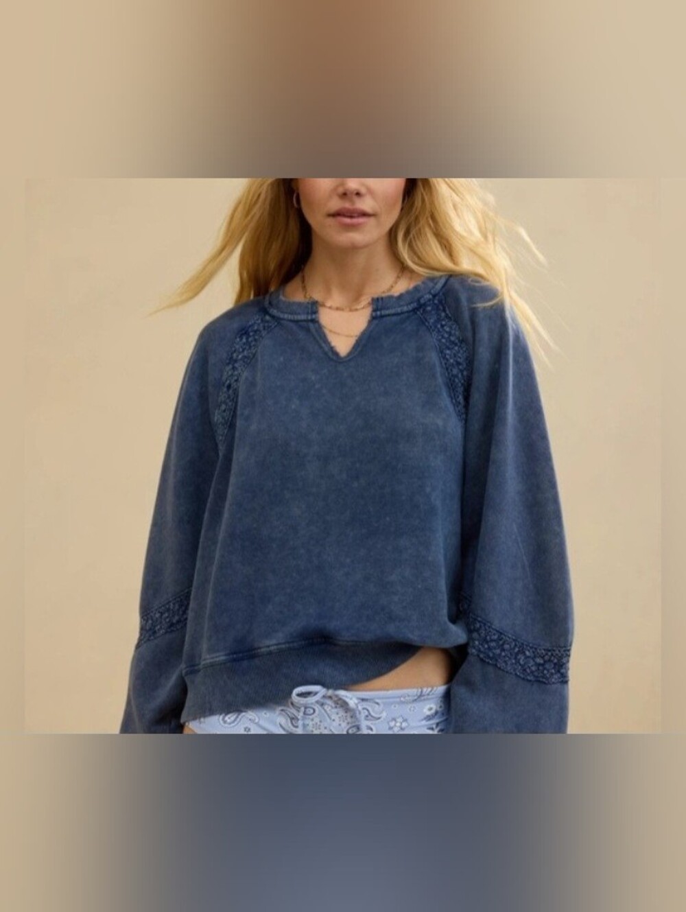 aerie Stone Washed Navy Blue Notch-Neck Pullover Sweatshirt. "Hey Crochet" Large